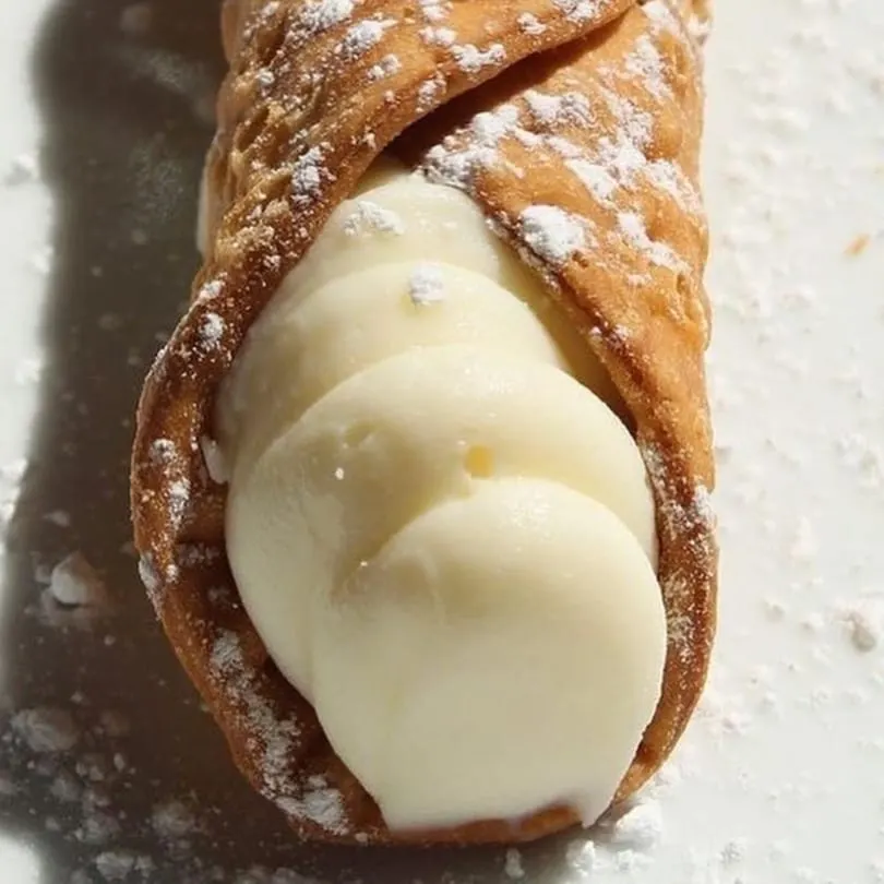 A close-up of a Rig A' Tony's cannoli, filled with creamy white ricotta and dusted with powdered sugar.